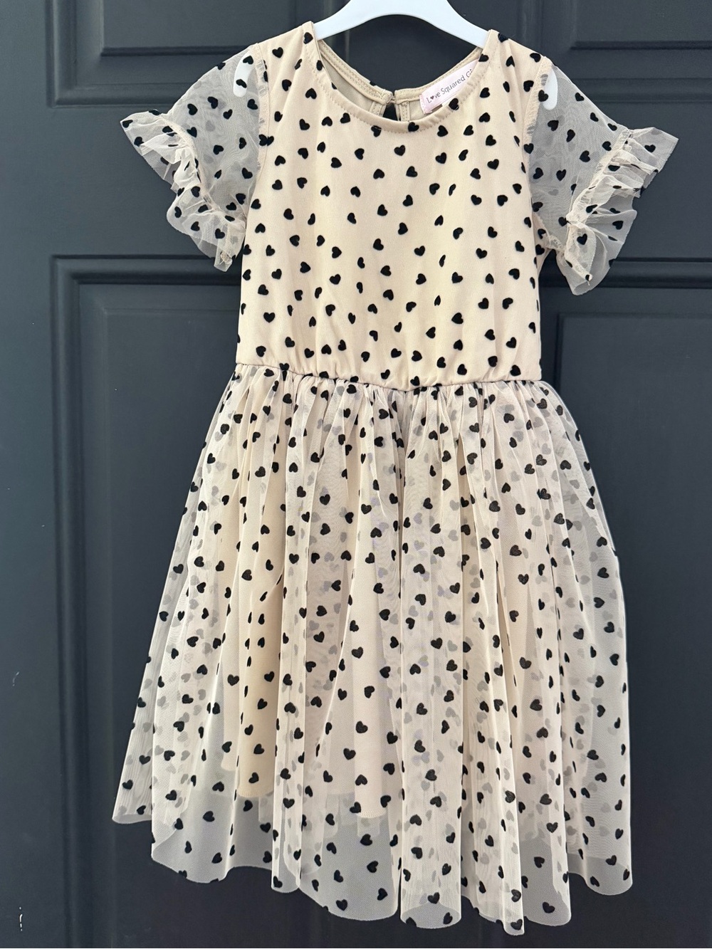 Toddler Girls Love Squared Cream Dress with Black Heart Print